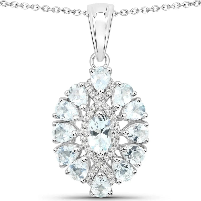 1.8 Ct Blue Aquamarine Prong Silver Cluster Pendant Necklace by Fine Color Jewels