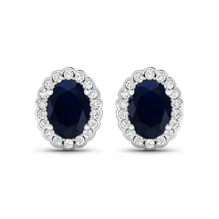 1.80 Ct Oval Blue Sapphire & Diamond Prong 14K Gold Halo Stud Earrings by Fine Color Jewels