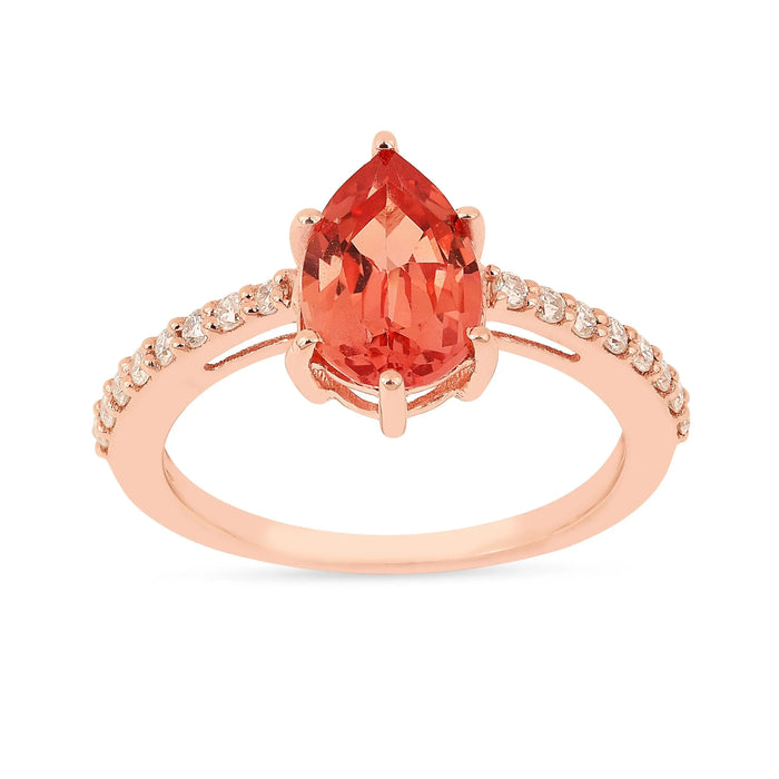 1.80 Ct Pear Lab Created Peach Sapphire and Moissanite Prong Silver Pave-set Ring by Fine Color Jewels