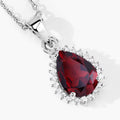 1.80 Ct pear red Mozambique Garnet and Lab Diamond prong Silver Halo teardrop pendant Necklace by Fine Color Jewels