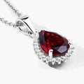 1.80 Ct pear red Mozambique Garnet and Lab Diamond prong Silver Halo teardrop pendant Necklace by Fine Color Jewels