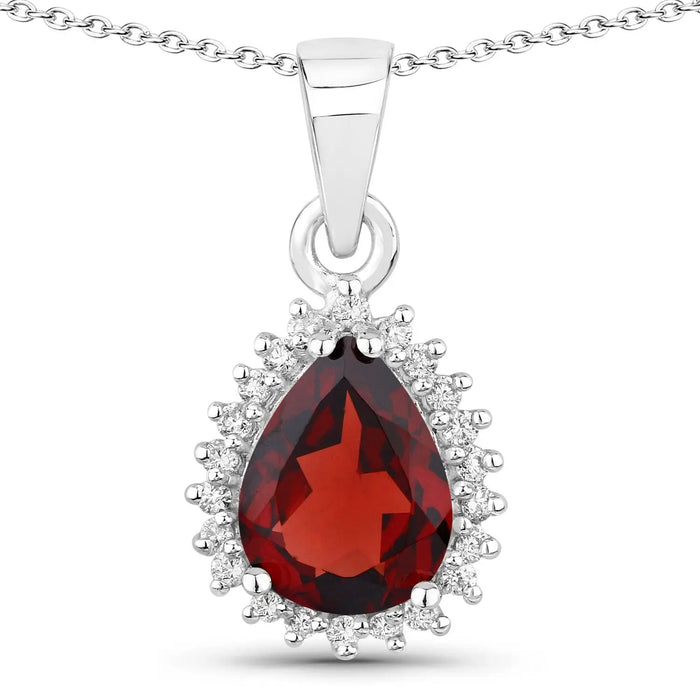1.80 Ct pear red Mozambique Garnet and Lab Diamond prong Silver Halo teardrop pendant Necklace by Fine Color Jewels