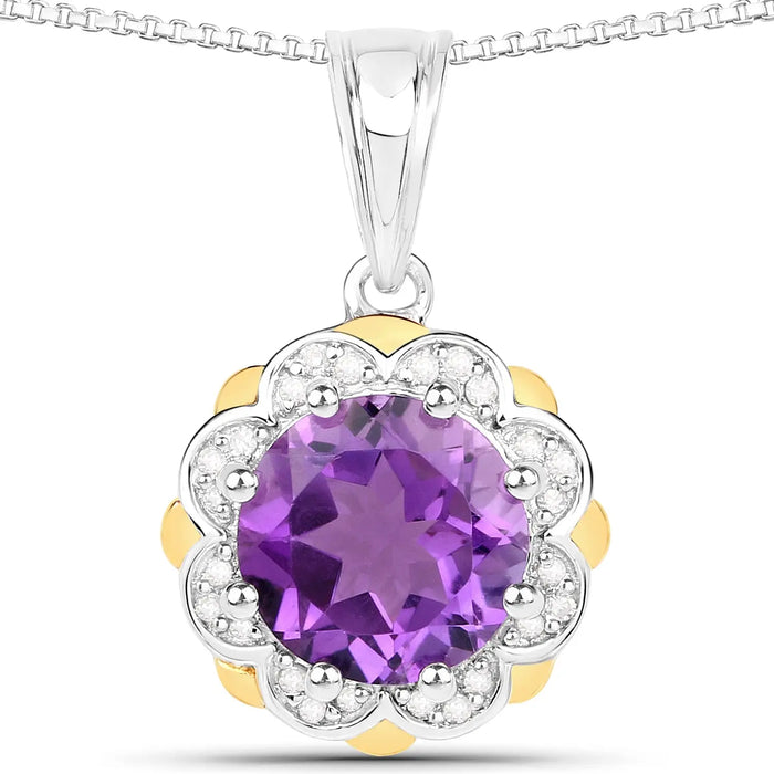 1.80 Ct Round Purple Amethyst and Diamond Prong Silver Floral Pendant Necklace by Fine Color Jewels
