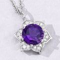 1.80 Ct round purple Amethyst and Lab Diamond prong Silver flower pendant Necklace by Fine Color Jewels