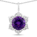 1.80 Ct round purple Amethyst and Lab Diamond prong Silver flower pendant Necklace by Fine Color Jewels