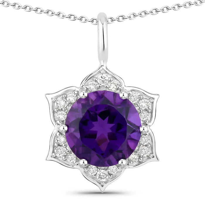 1.80 Ct round purple Amethyst and Lab Diamond prong Silver flower pendant Necklace by Fine Color Jewels