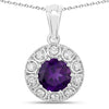 1.80 Ct round purple Amethyst and Lab Diamond prong Silver Halo pendant Necklace