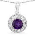 1.80 Ct round purple Amethyst and Lab Diamond prong Silver Halo pendant Necklace by Fine Color Jewels