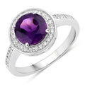 1.80 Ct Round Purple Amethyst & Lab Diamond Prong Silver Pave Halo Statement Ring by Fine Color Jewels