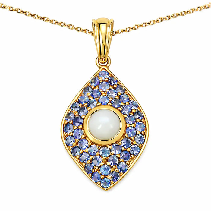 1.82 Ct Round White Ethiopian Opal & Tanzanite Prong Silver Cocktail Pendant Necklace by Fine Color Jewels