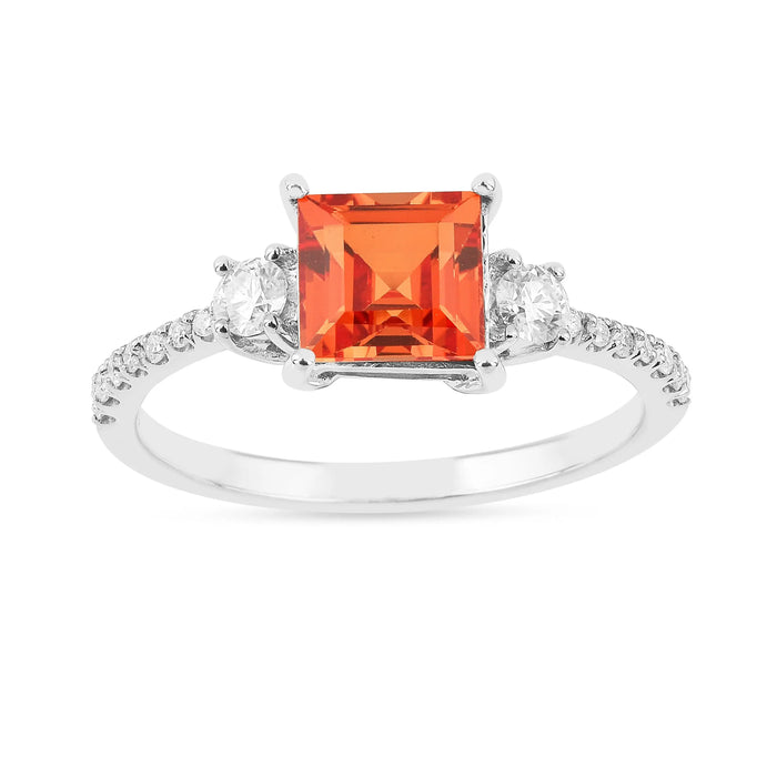 1.83 Ct Square Lab Created Peach Sapphire and Moissanite Prong Silver Three Stones Ring by Fine Color Jewels