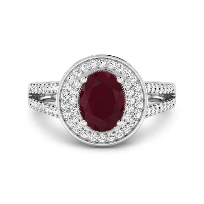 1.84 Ct Oval Cut Pink Ruby and White Diamond Halo Pave Ring by Fine Color Jewels