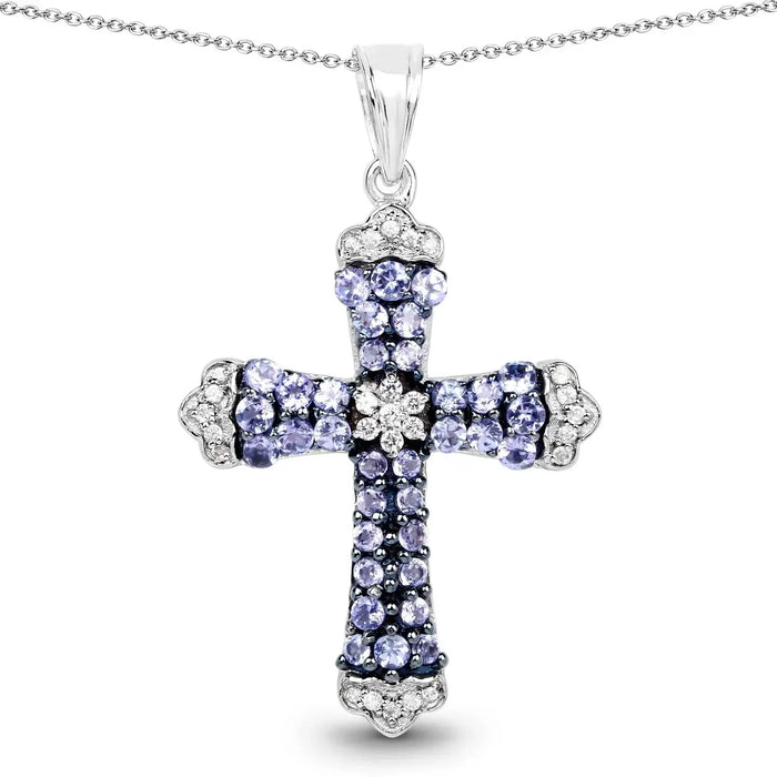 1.84 CTTW Round Violet Tanzanite Prong Silver Cross Pendant Necklace by Fine Color Jewels