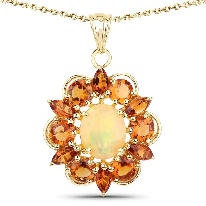 1.85 Ct Oval White Ethiopian Opal Prong Gold Plated Silver Cluster Halo Pendant Necklace by Fine Color Jewels