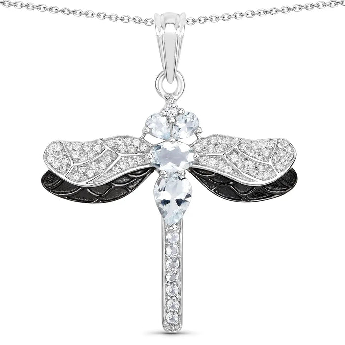 1.86 Ct Blue Aquamarine Prong Sterling Silver Dragonfly Pendant Cable Chain Necklace by Fine Color Jewels