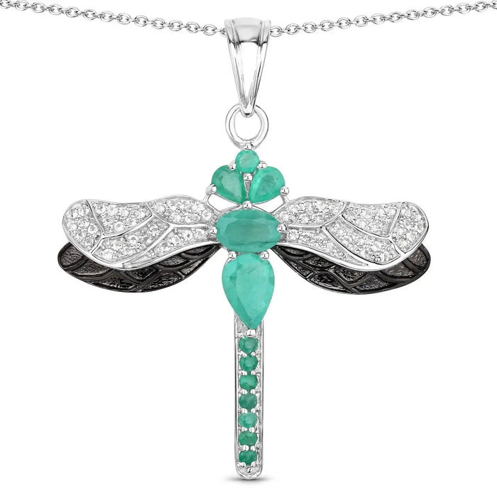 1.87 Ct Green Zambian Emerald Prong Sterling Silver Dragonfly Pendant Cable Chain Necklace by Fine Color Jewels