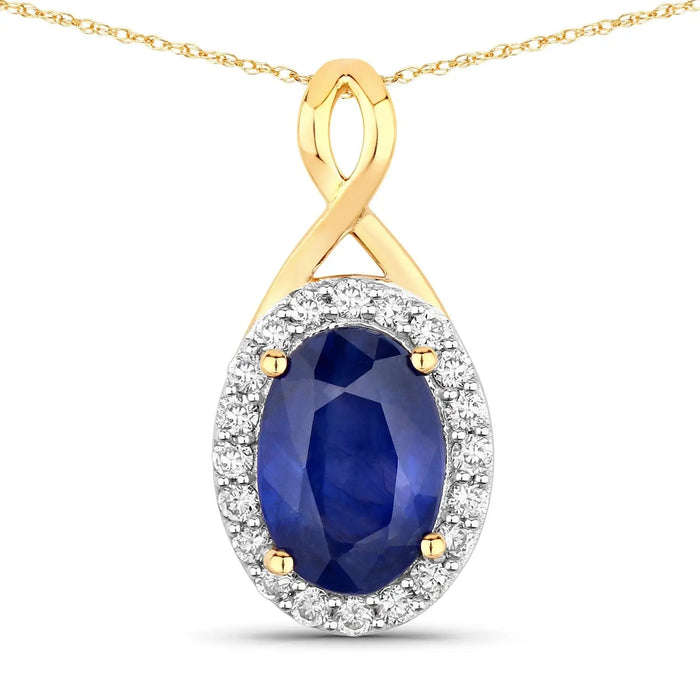 1.88 Ct Genuine Oval Ceylon Blue Sapphire and Diamond 18K Yellow Gold Crossover Pendant by Fine Color Jewels