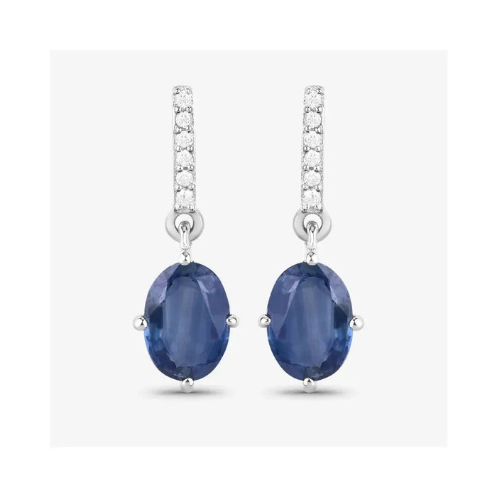 1.90 Ct Oval Blue Sapphire & Diamond Prong 10K Gold Dangle Earrings by Fine Color Jewels