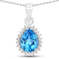 1.90 Ct pear Swiss Blue Topaz and Lab Diamond prong Silver Halo teardrop pendant Necklace by Fine Color Jewels