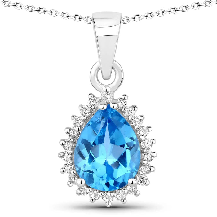 1.90 Ct pear Swiss Blue Topaz and Lab Diamond prong Silver Halo teardrop pendant Necklace by Fine Color Jewels
