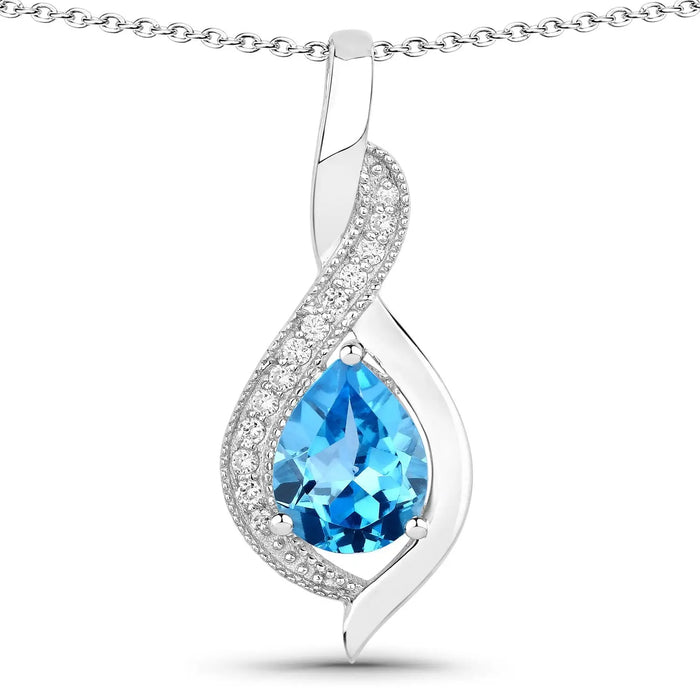 1.90 Ct Pear Swiss Blue Topaz & Lab Diamond Prong Silver Teardrop Crossover Pendant Necklace by Fine Color Jewels
