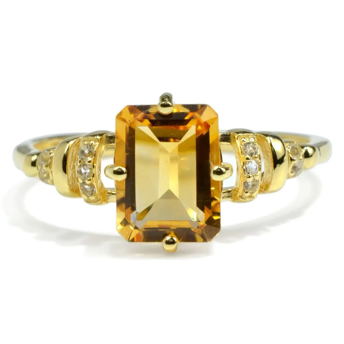 1.92 Ct Octagon Yellow Citrine and White Topaz Prong Silver Statement Ring by Fine Color Jewels