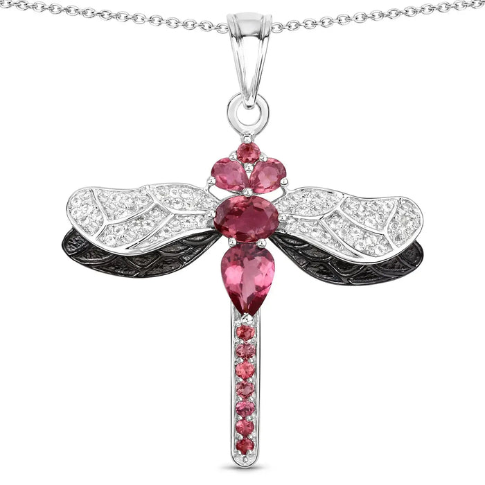 1.94 Ct Pink Tourmaline Prong Silver Dragonfly Pendant Cable Chain Necklace by Fine Color Jewels