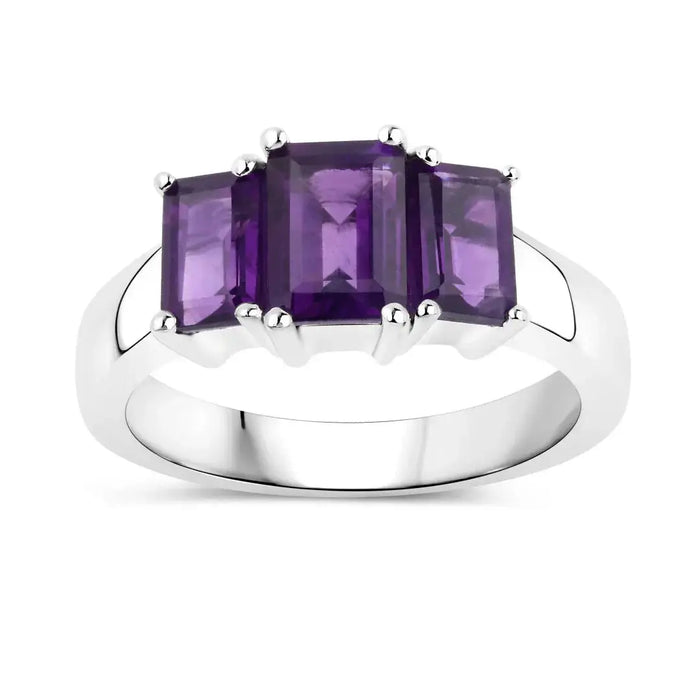 1.95 Ct Octagon Purple Amethyst Prong Silver Three Stone Ring by Fine Color Jewels
