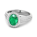 1.95 Ct Oval Green Zambian Emerald and White Diamond Prong 14k Gold Halo Pave Bridge Ring by Fine Color Jewels