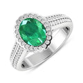1.95 Ct Oval Green Zambian Emerald and White Diamond Prong 14k Gold Halo Pave Bridge Ring by Fine Color Jewels