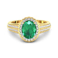 1.95 Ct Oval Green Zambian Emerald and White Diamond Prong 14k Gold Halo Pave Bridge Ring by Fine Color Jewels