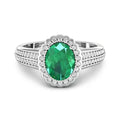1.95 Ct Oval Green Zambian Emerald and White Diamond Prong 14k Gold Halo Pave Bridge Ring by Fine Color Jewels