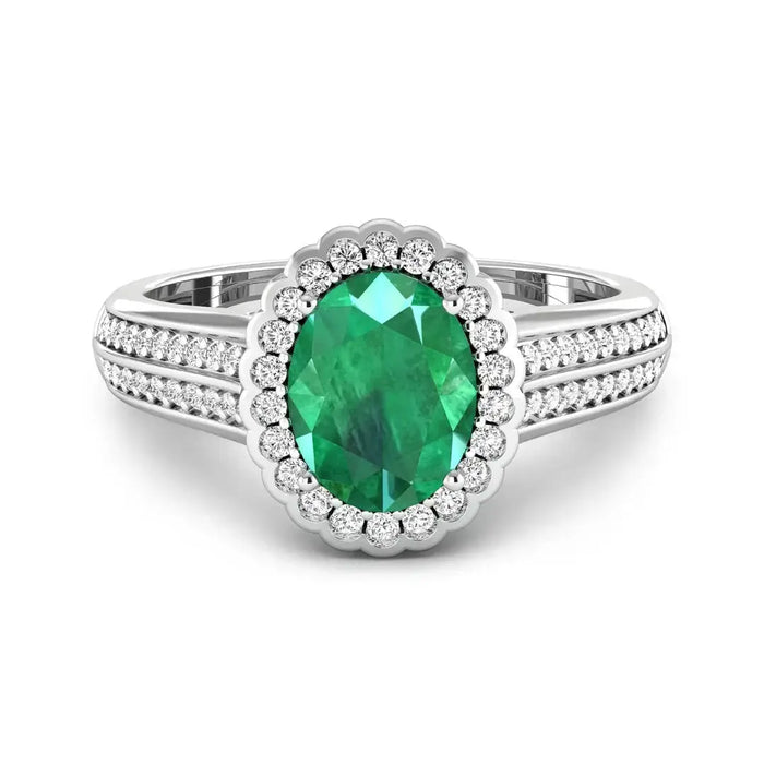 1.95 Ct Oval Green Zambian Emerald and White Diamond Prong 14k Gold Halo Pave Bridge Ring by Fine Color Jewels