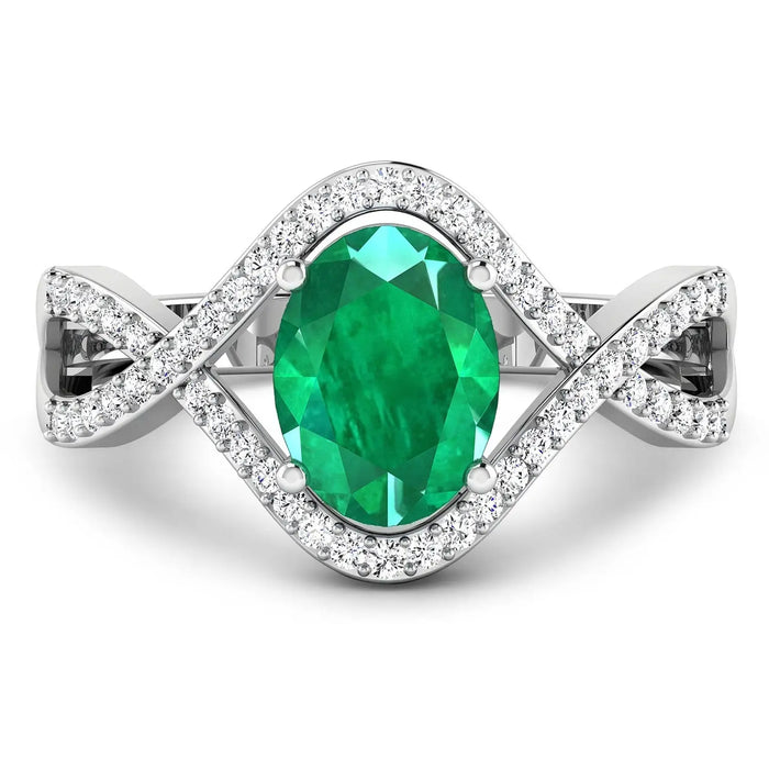 1 Ct Oval Green Zambian Emerald Diamond Prong 14K Gold Crossover Ring by Fine Color Jewels