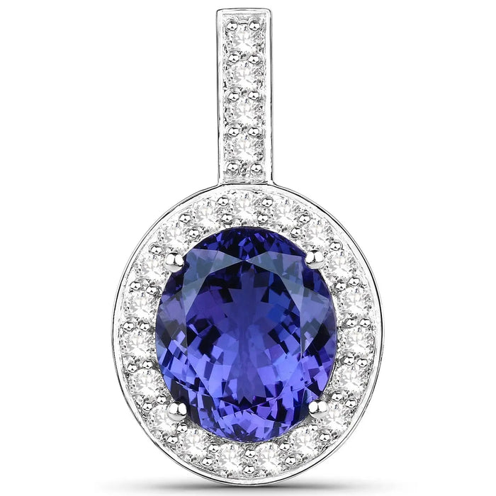 10.15 Ct Genuine Oval Tanzanite and Diamond 18K White Gold Halo Pendant by Fine Color Jewels