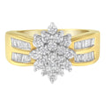 10K Yellow Gold 1.0 Cttw Round & Baguette Cut Diamond Floral Cluster Double-Channel Flared Band Statement Ring (H-I Color, SI2-I1 Clarity) - Size 6-1/2 by Bids.com