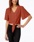 Gypsies & Moondust Juniors Buttoned Tie-Front Camp Shirt by Vanessa Jane