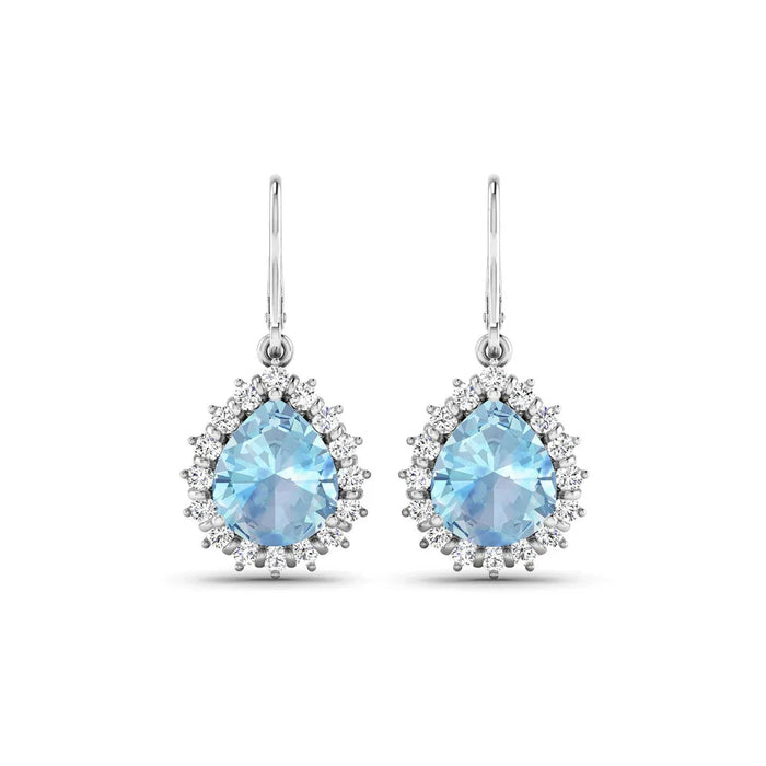 Genuine Aquamarine and Diamond Teardrop Halo Earrings by Fine Color Jewels