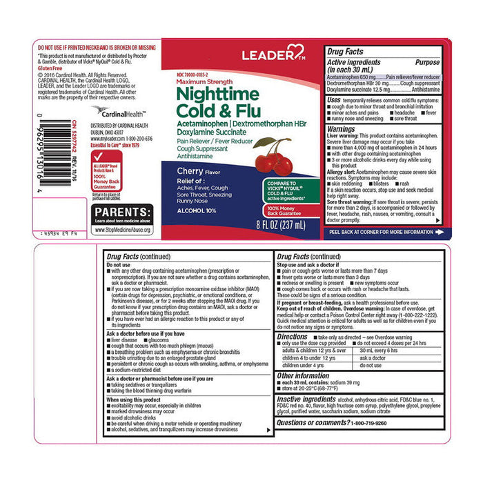 Perrigo Leader Night-Time Cold & Flu Liquid Cherry 8oz by Pasteur Pharmacy