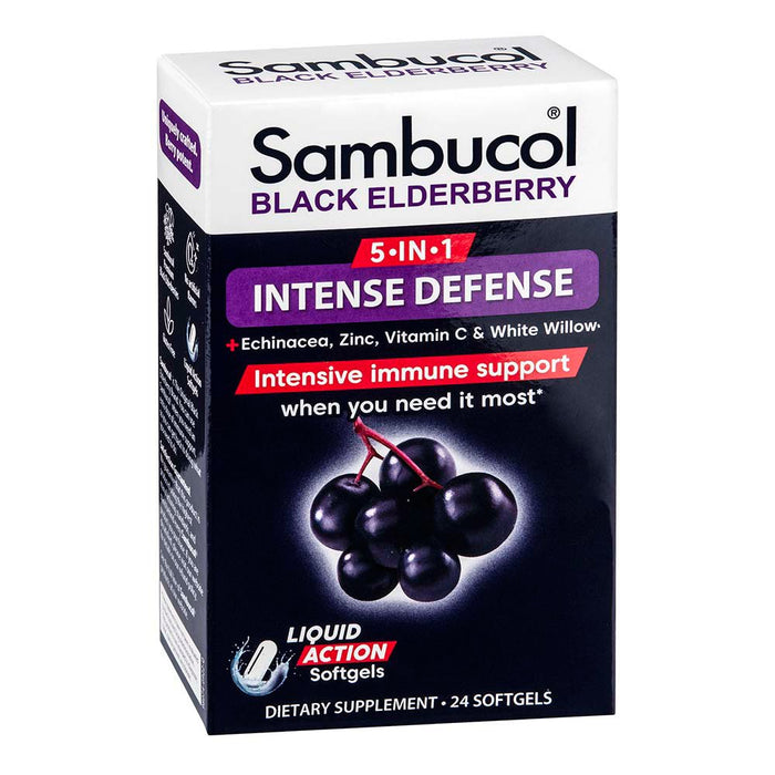 Sambucol 5-In-1 Intense Defense + Echinacea, Zinc, Vitamin C & White Willow, Black Elderberry, 24 Softgels by Pasteur Pharmacy
