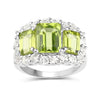 4.40 Ct Octagon Green Peridot Prong Silver Three Stone Halo Ring
