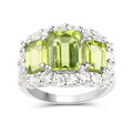 4.40 Ct Octagon Green Peridot Prong Silver Three Stone Halo Ring by Fine Color Jewels
