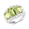4.40 Ct Octagon Green Peridot Prong Silver Three Stone Halo Ring by Fine Color Jewels
