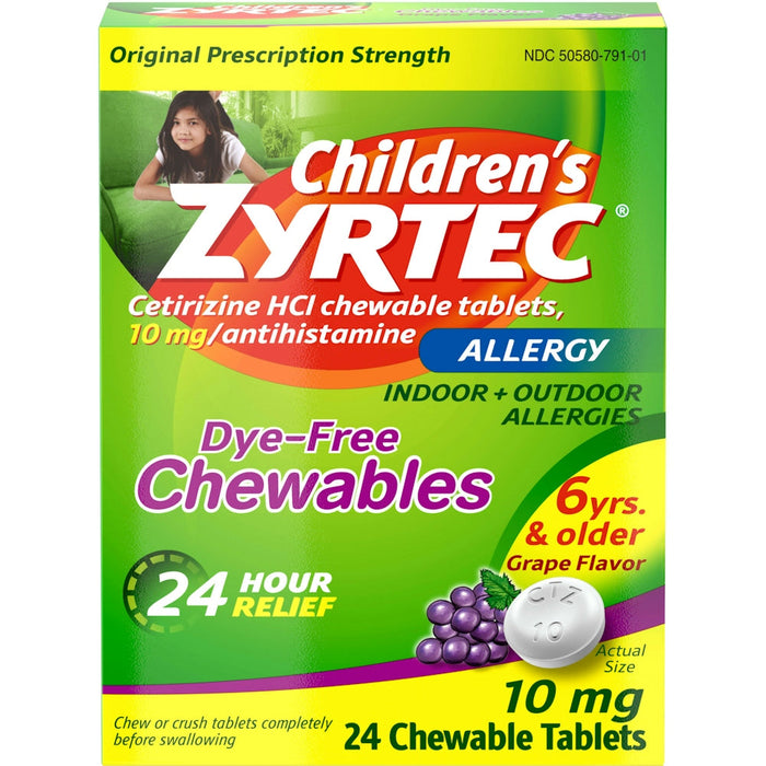 Zyrtec Allergy, Original Prescription Strength, 10 Mg, Chewable Tablets, Grape Flavor, Children's by Pasteur Pharmacy