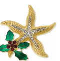 Holiday Lane Gold-Tone Crystal Starfish and Mistletoe Pin by Vanessa Jane