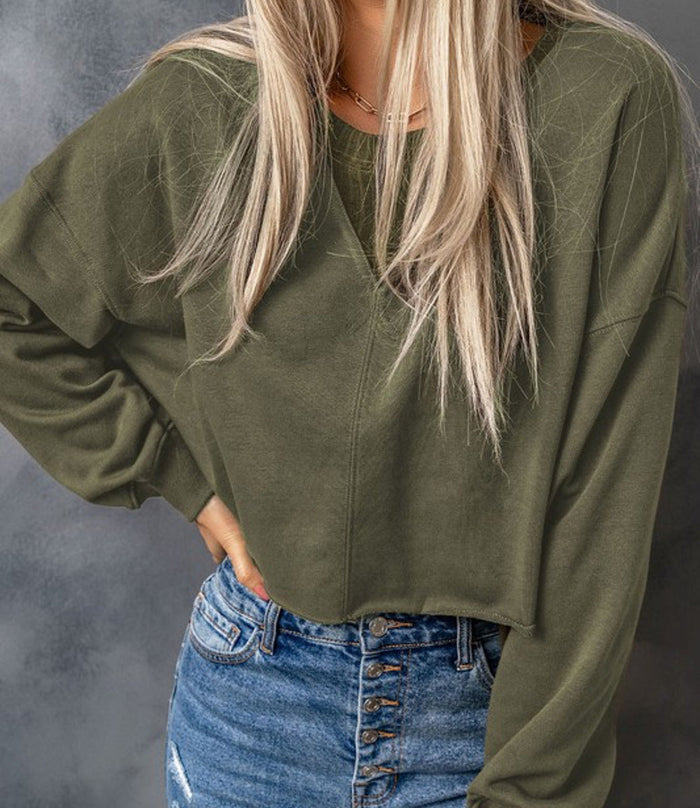 Drop Shoulder Cropped Sweater - Green by Boutique 23