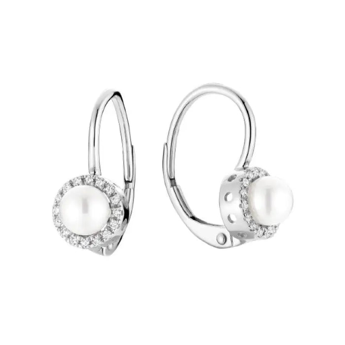 10k Gold Cultured Pearl & Natural Diamonds Halo Dangle Earrings by Fine Color Jewels