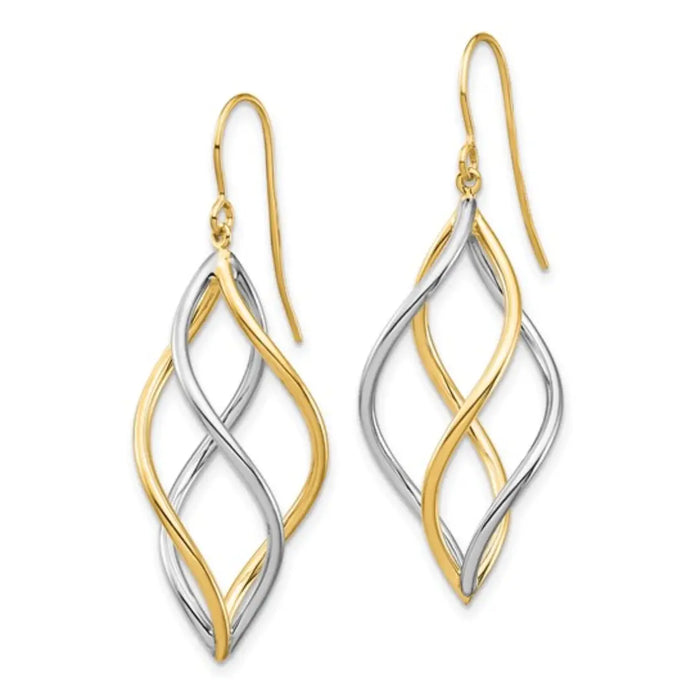 10K Gold Two Tone Twisted Dangle Earrings by Fine Color Jewels