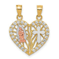 10k Two-tone CZ Break-apart Cross Heart Pendant by Fine Color Jewels