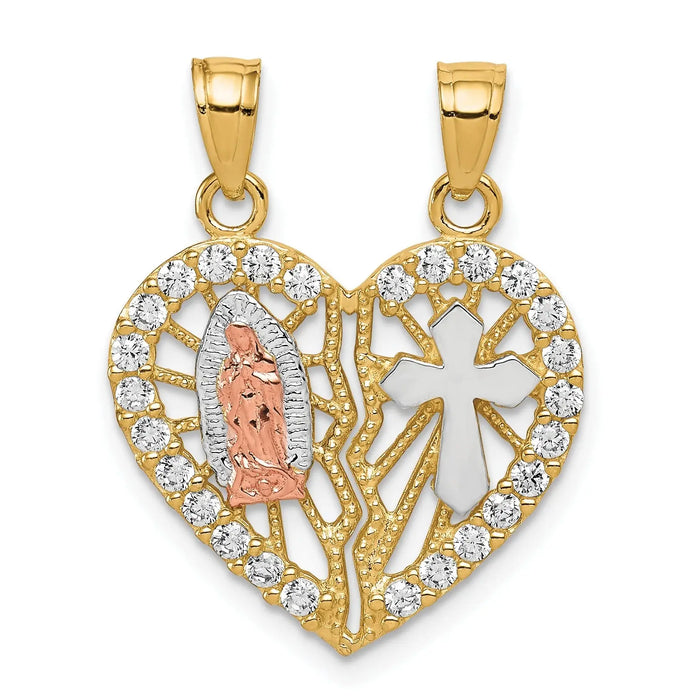 10k Two-tone CZ Break-apart Cross Heart Pendant by Fine Color Jewels